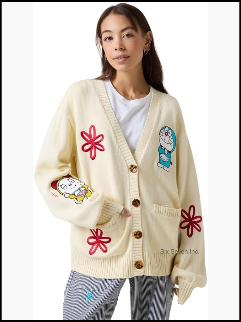 Oversized Cardigan With Embroidered Patches, Button Front, Cotton-Polyester